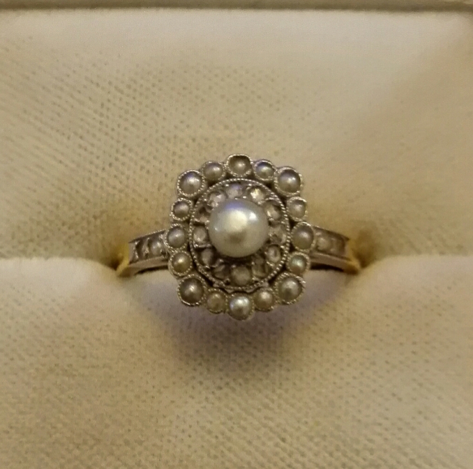 anello antico perle naturali diamanti